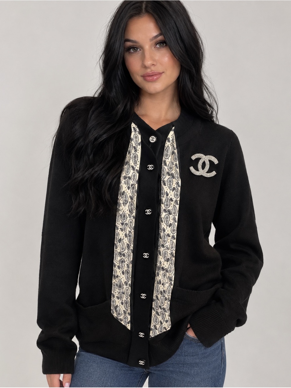 NWT Beautiful Fashionable Black Sweater with Cream Accent